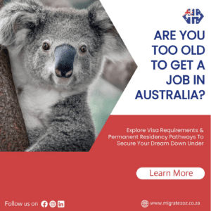 Close-up of a koala with a caption addressing concerns about age and job opportunities in Australia, presented by Migrate 2 Oz.